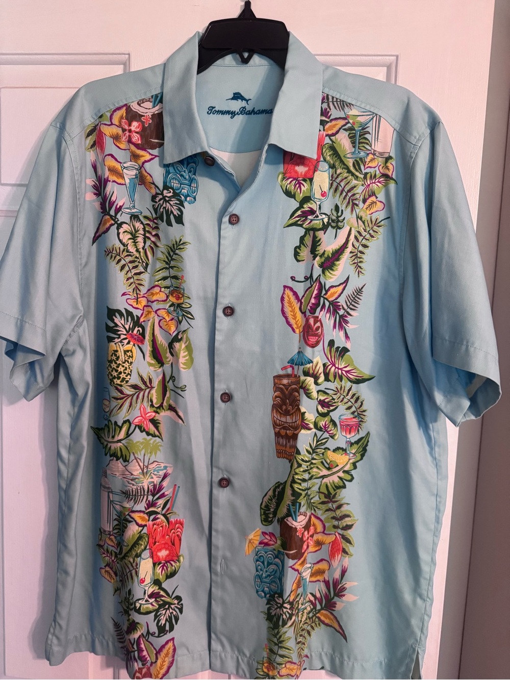 Tommy Bahama Light Blue Tropical Print Camp Shirt with Multicolor Floral Motif